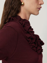 Merino Ruffle V Neck Jumper | Burgundy