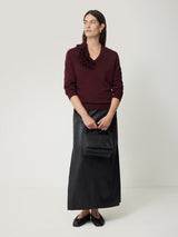 Merino Ruffle V Neck Jumper | Burgundy