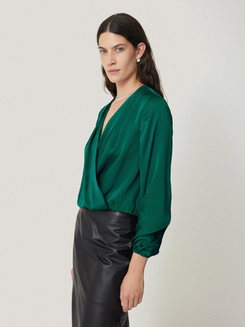 Recycled Satin Drape Wrap Top | Green