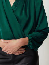 Recycled Satin Drape Wrap Top | Green