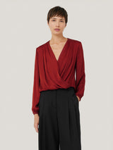 Recycled Satin Drape Wrap Top | Red