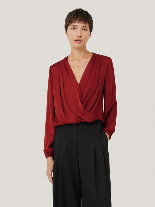 Recycled Satin Drape Wrap Top | Red