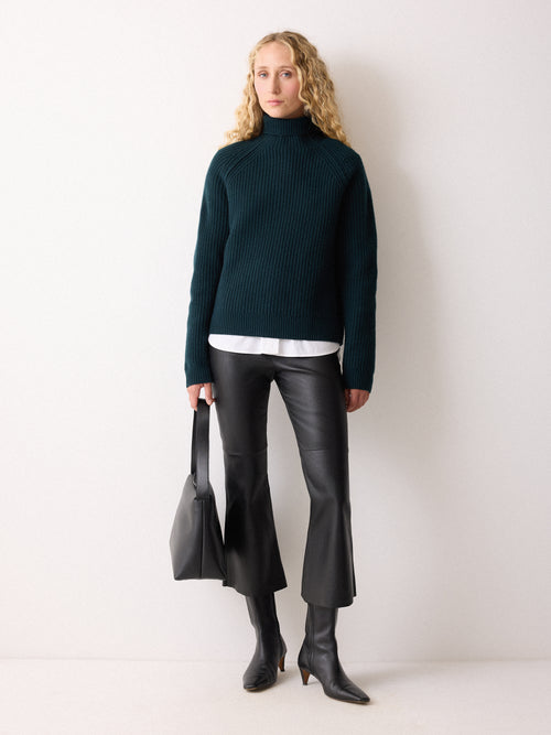 Stretch Leather Kick Flare Trousers | Black