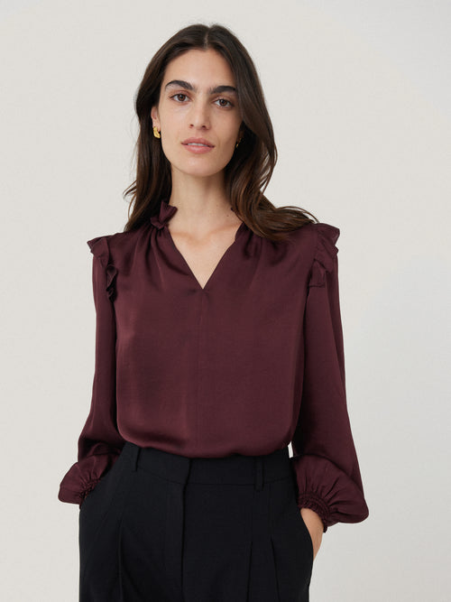 Recycled Satin Ruffle Top | Burgundy