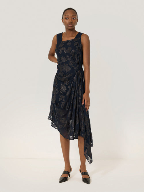 Metallic Jacquard Drape Dress | Navy