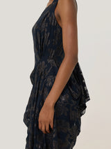 Metallic Jacquard Drape Dress | Navy
