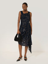 Metallic Jacquard Drape Dress | Navy