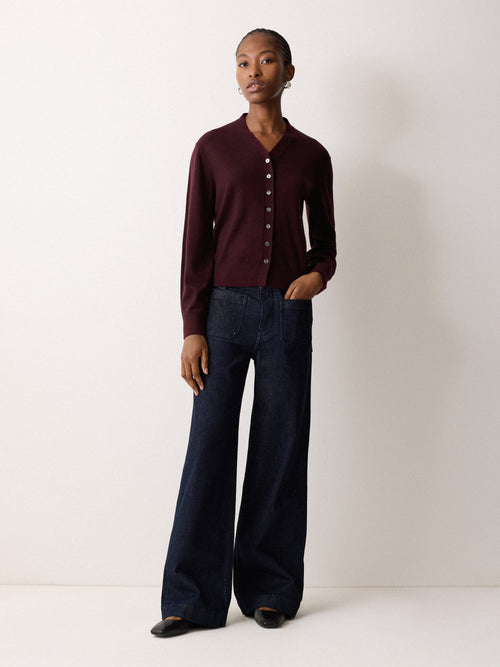 Fine Merino Cardigan Top | Burgundy