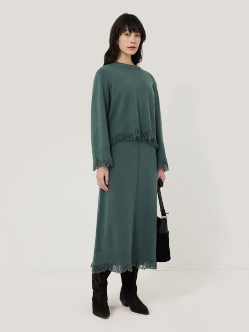 Silk Blend Boucle Fringe Skirt | Blue