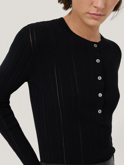 Pointelle Rib Rib Pointelle Henley Jumper | Black – Jigsaw