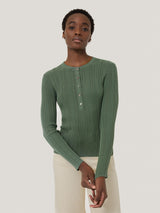 Rib Pointelle Henley Jumper | Green