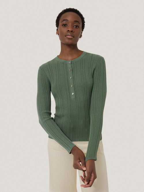 Rib Pointelle Henley Jumper | Green