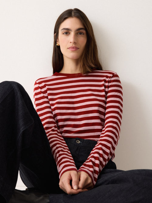 Cotton Stripe Long Sleeve Tee | Pink