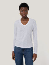 Cotton Slub V Neck Long Sleeve Tee | White