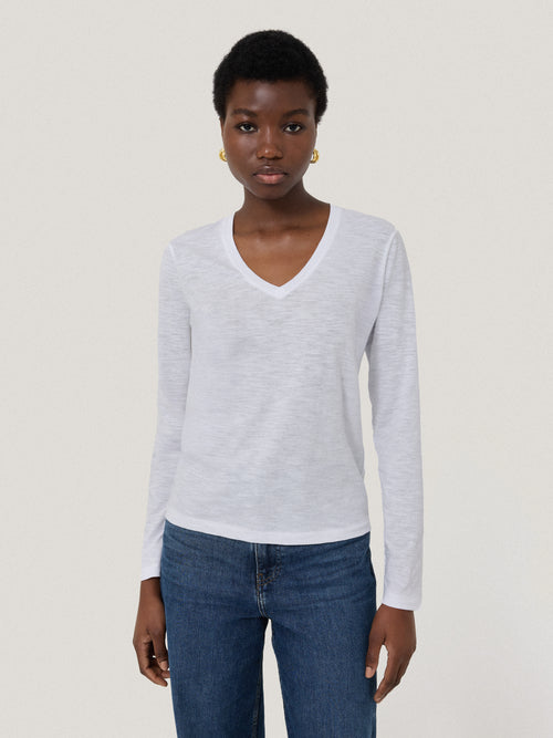 Cotton Slub V Neck Long Sleeve Tee | White