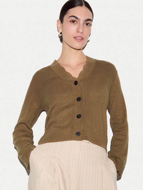 Linen Cotton Scallop Cardigan | Khaki