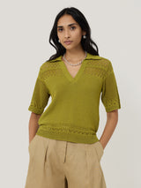 Cotton Blend Pointelle Polo | Green