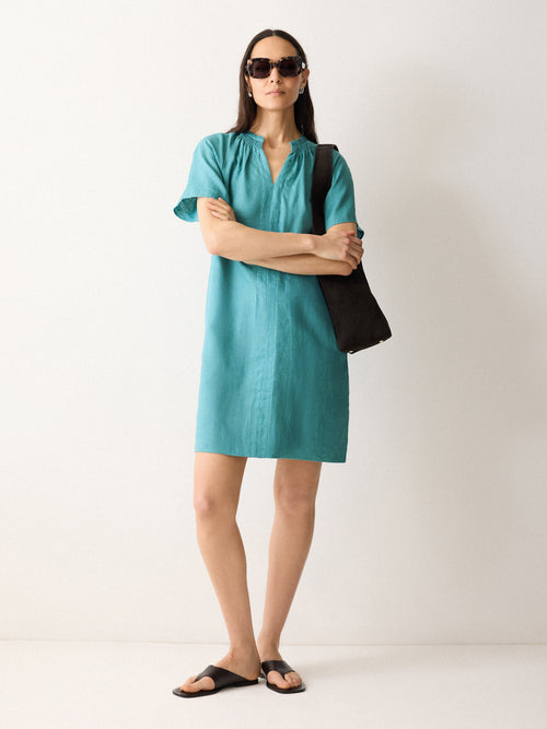Linen Smocked T-shirt Dress | Blue