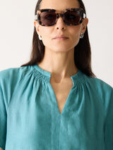 Linen Smocked T-shirt Dress | Blue