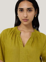 Linen Smocked T-shirt Dress | Green