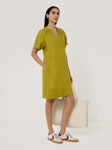 Linen Smocked T-shirt Dress | Green