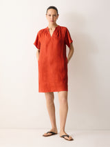 Linen Smocked T-shirt Dress | Orange
