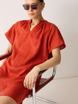 Linen Smocked T-shirt Dress | Orange