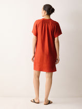 Linen Smocked T-shirt Dress | Orange