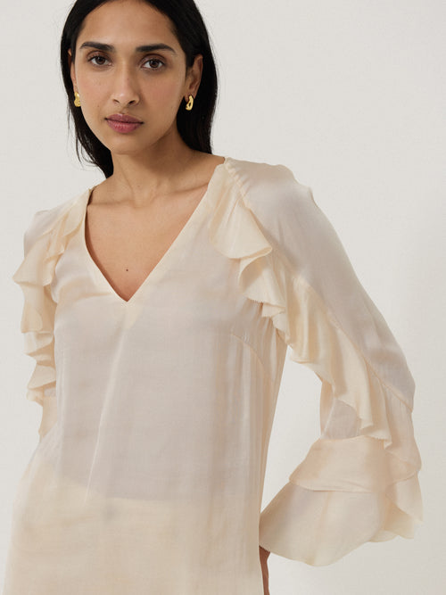 Recycled Satin Fluid Frill Top | Ivory