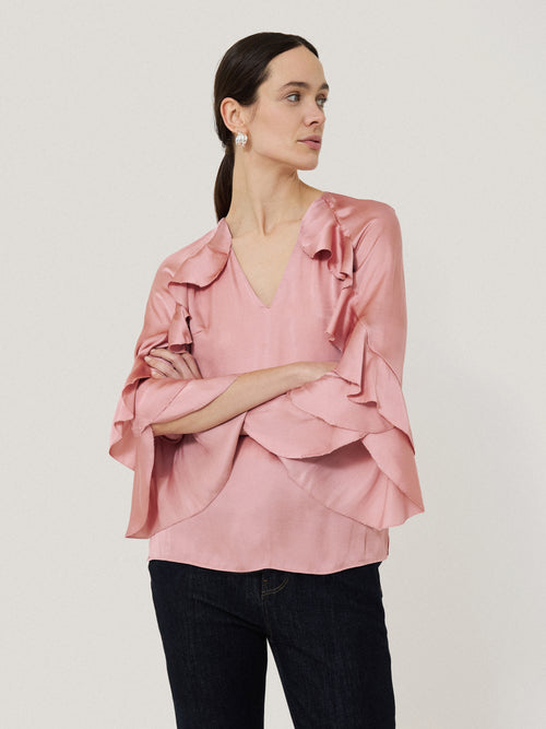 Recycled Satin Fluid Frill Top | Pink