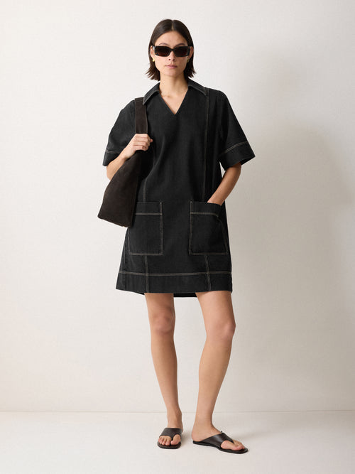 Denim Contrast Stitched Dress | Washed Black