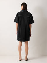 Denim Contrast Stitched Dress | Washed Black
