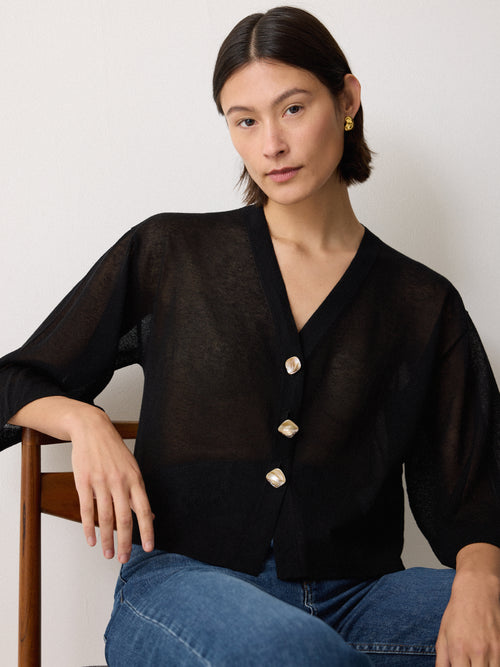 Sheer Linen Blend Cardigan | Black