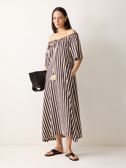 Drawstring Stripe Cotton Dress | Oxblood