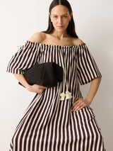 Drawstring Stripe Cotton Dress | Oxblood