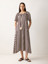 Drawstring Stripe Cotton Dress | Oxblood