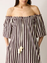 Drawstring Stripe Cotton Dress | Oxblood