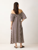 Drawstring Stripe Cotton Dress | Oxblood