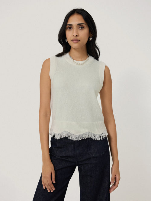 Silk Blend Boucle Fringe Tank | Ivory