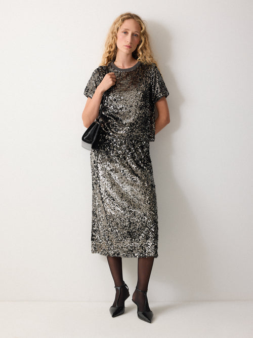 Metallic Sequin Skirt | Da | Dark Silver