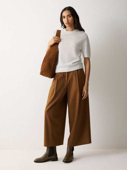 Wool High Waist Pleat Trouser | Brown