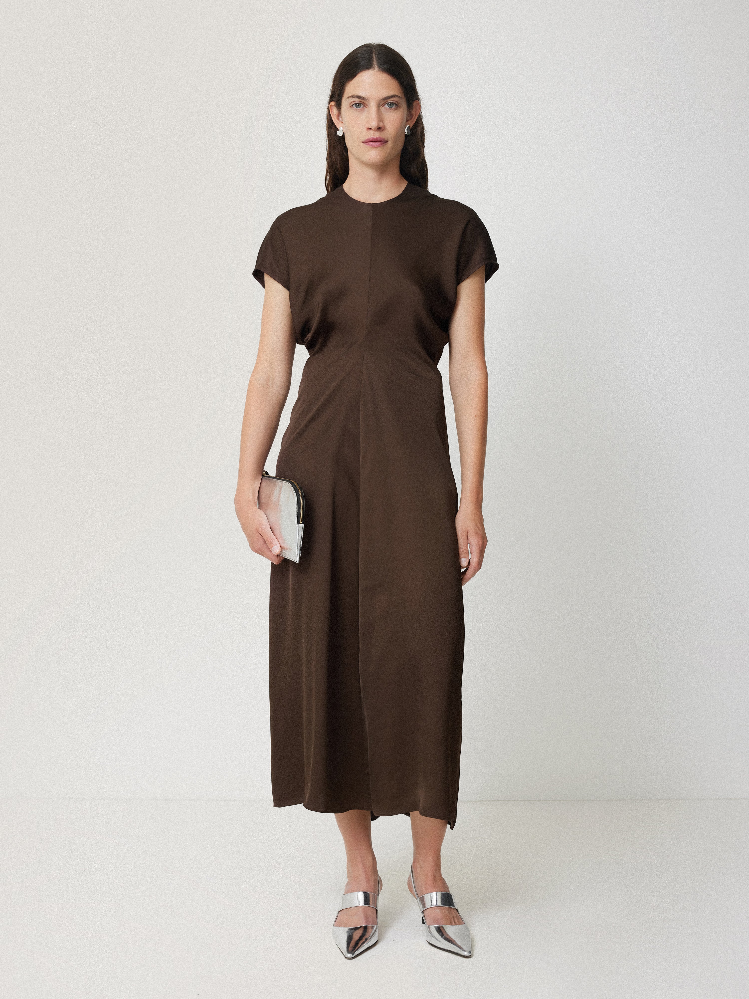 Satin Crepe Midi Dress | Brown Jigsaw Satin Crepe Midi Dress | Brown Jigsaw