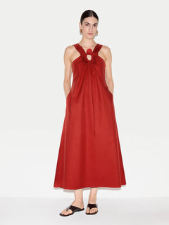 Flower Applique Cotton Dress | Red