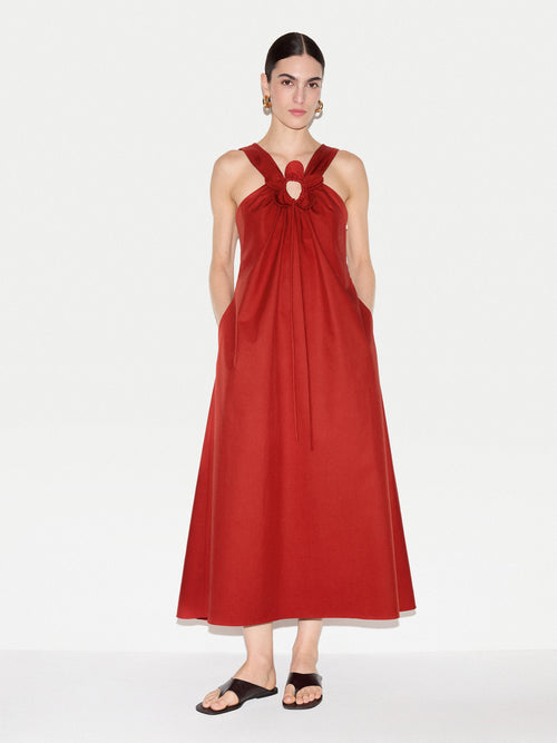 Flower Applique Cotton Dress | Red