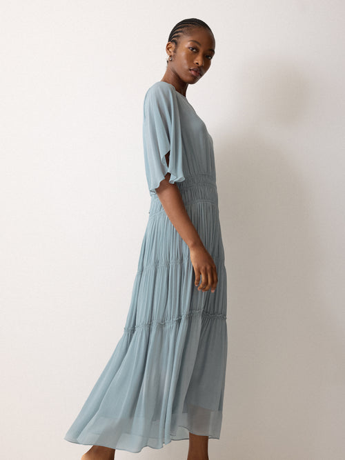 chiffon gathered dress Warehouse Women's Petite Chiffon Ruffle Gathered Bodice Midi Dress in Chocolate