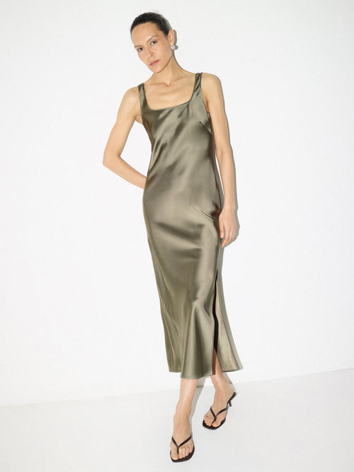 Heavy Satin Slip Dress | Khaki