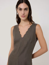 Scallop Detail Linen Dress | Brown