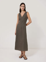 Scallop Detail Linen Dress | Brown