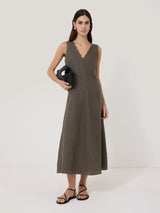 Scallop Detail Linen Dress | Brown