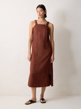 Linen Square Neck Dress | Brown